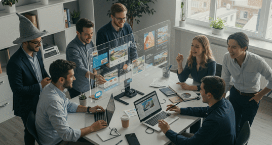 conferencewizard AI consultants in a boardroom meeting talking about innovation and tech