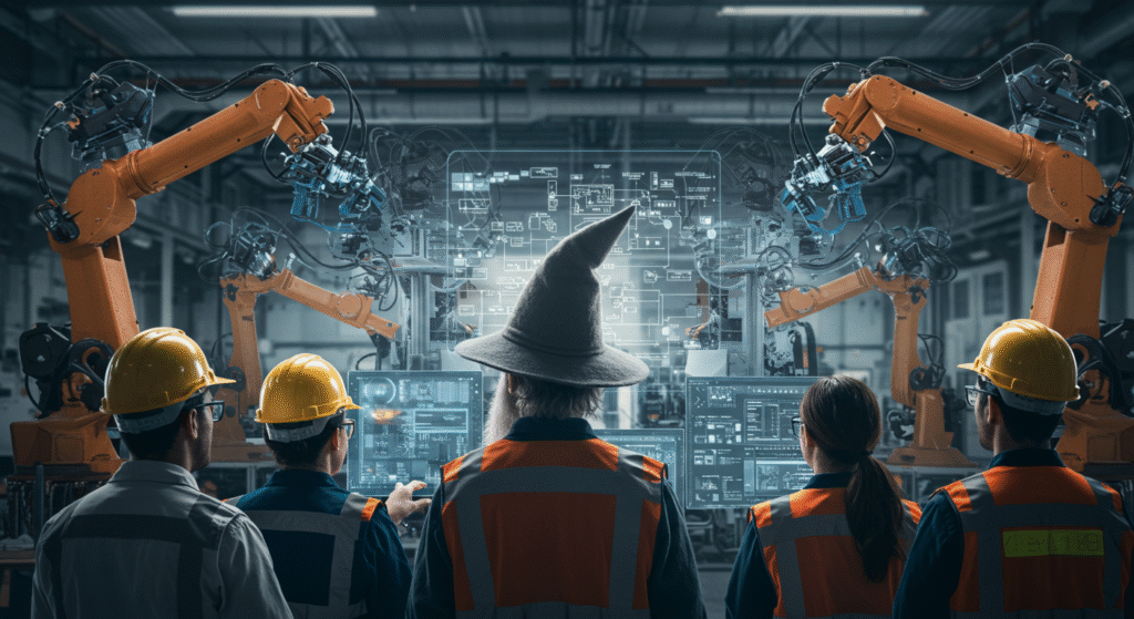 AI Consulting manufacturing solutions Wizard Overseeing a manufacturing plant