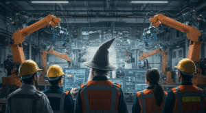 AI Consulting manufacturing solutions Wizard Overseeing a manufacturing plant