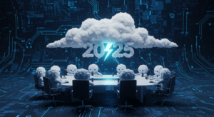 An image of a Cloud that says "2025", consulting a business about new technology and AI advancements