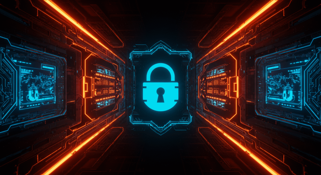 A lock on in screen in a futuristic environment demonstrating advanced cybersecurity