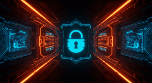 A lock on in screen in a futuristic environment demonstrating advanced cybersecurity